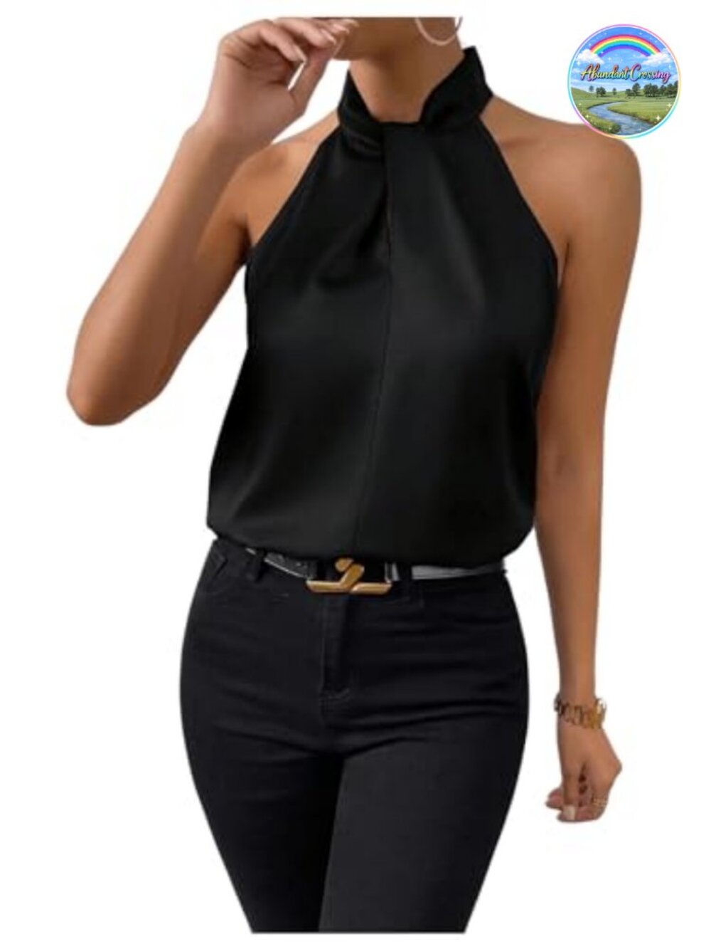 Satin Twist Front Halter Sleeveless Blouse Elegant Office Top